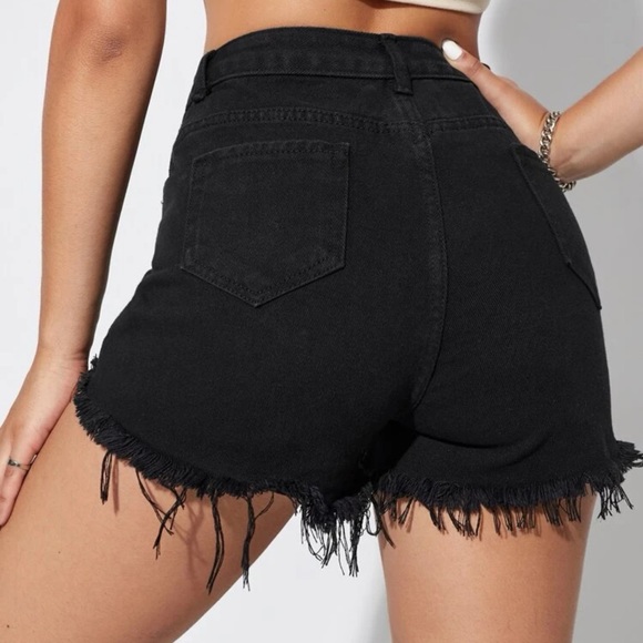 Distressed raw hem ripped high waisted denim jean shorts black - Picture 2 of 8